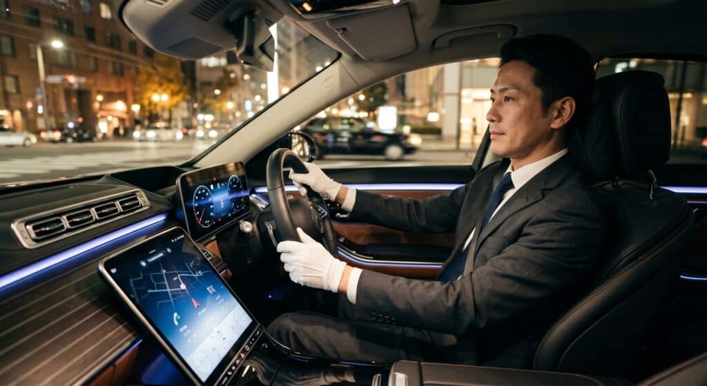 임원 전담 대리운전 관련 고급 세단을 안전하게 운행하는 정장 차림 기사의 모습 (Safe driving by a professional chauffeur in a luxury sedan)