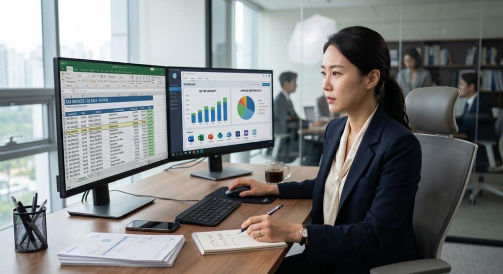 월 후불 대리운전 관련 기업 재무 담당자가 듀얼 모니터로 세금계산서 100% 발행 내역과 비용 절감 데이터를 검토하는 모습 (Finance manager reviewing corporate tax invoices and cost reduction data on dual monitors)