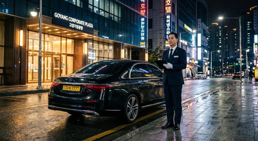 업무용 승용차 세액공제 탁송 관련 고양 기업광장 앞에서 대기 중인 정장 차림의 전문 기사 모습 (Professional chauffeur in a suit waiting in front of Goyang Corporate Plaza for corporate vehicle tax deduction consignment)