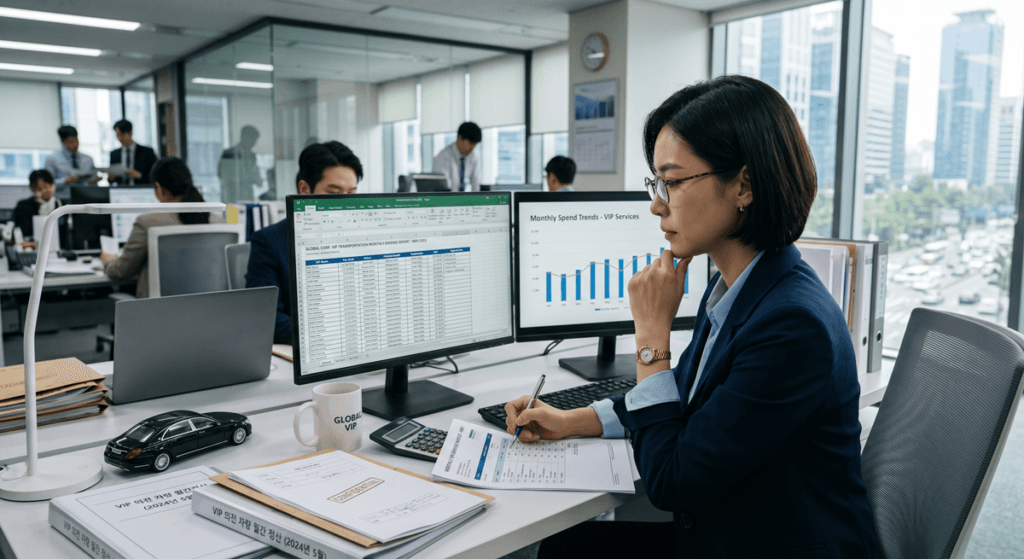 외국계 기업 VIP 의전 차량 관련 재무 담당자가 월간 정산 데이터를 검토하는 모습 (A focused finance manager in a corporate office analyzing mobility cost reports and digital tax invoices on a dual-monitor setup.)