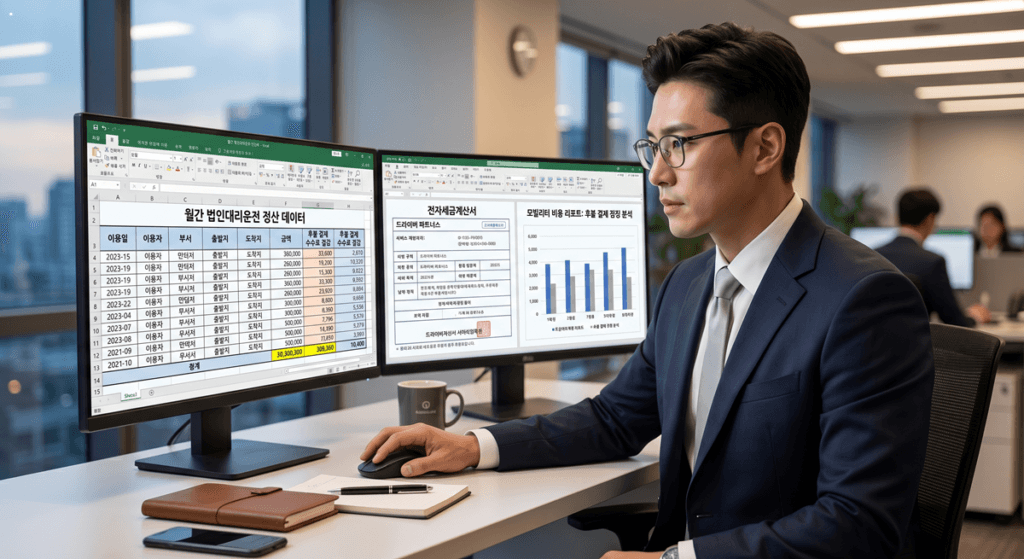 A focused finance manager in a dual-monitor office analyzing corporate mobility data. Screens show charts on 'Mobility Cost Report: Post-payment Benefits' and spreadsheets for 'Monthly Corporate Chauffeur Settlement Data'.