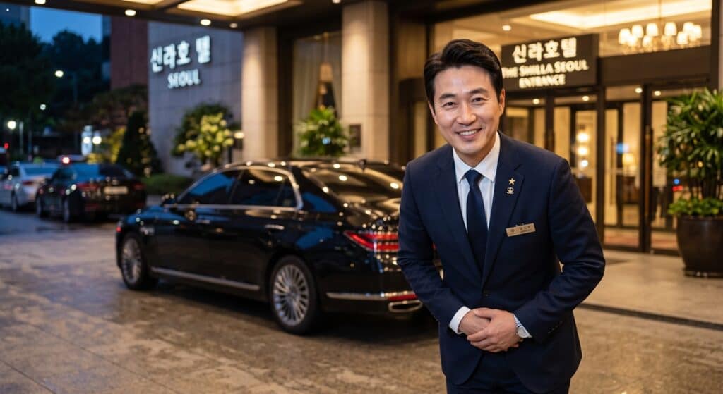 법인 기사 파견 관련 정장을 착용한 전문 기사가 고객을 맞이하는 모습 (Professional driver welcoming corporate client)