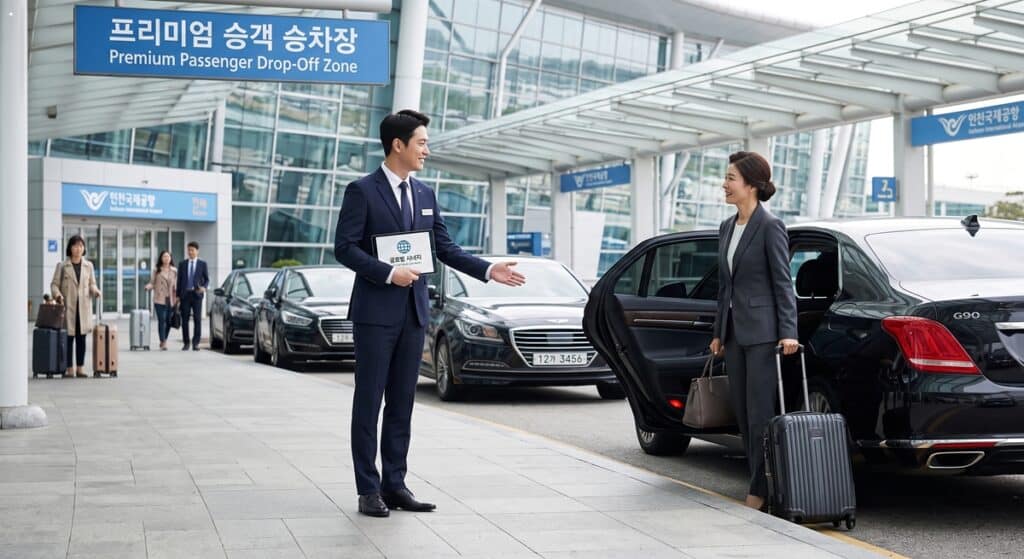 기업 의전 차량 관련 최고급 법인 세단이 화려한 네온사인 가득한 야간 도심 도로를 주행하는 모습