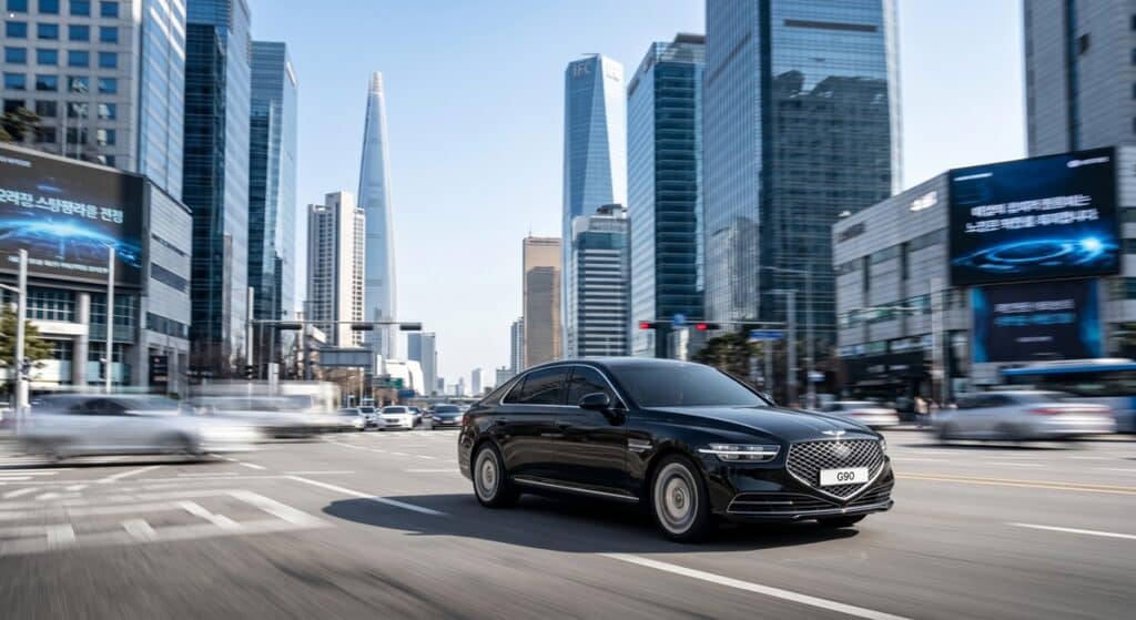 서울 도심 랜드마크를 배경으로 주행하는 고급 세단 G90. Dynamic shot of a luxury sedan driving through downtown Seoul.