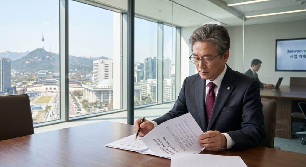 임원 전담 대리운전 관련 법인 B2B 모빌리티 계약서를 검토하는 의사결정권자의 모습 (Executive reviewing a corporate B2B mobility contract)