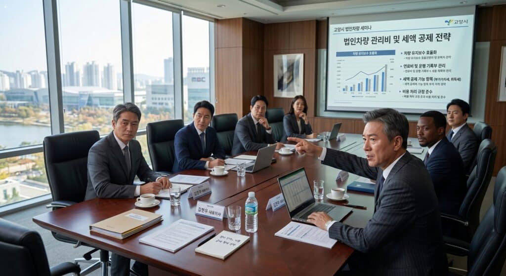 업무용 승용차 세액공제 탁송 관련 고양시 법인차량 세미나에서 경영진이 회의하는 모습 (Executives meeting at the Goyang City Corporate Vehicle Seminar regarding corporate vehicle tax deduction consignment)