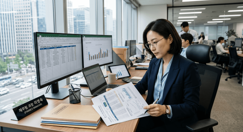 외국계 기업 VIP 의전 차량 관련 재무 담당자가 월간 정산 데이터를 검토하는 모습 (A focused finance manager in a corporate office analyzing mobility cost reports and digital tax invoices on a dual-monitor setup.)