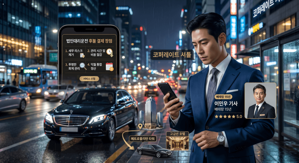 A composite image showing a businessman using an augmented reality interface for a corporate chauffeur service. Floating information overlays display driver profile 'Minwoo Lee' (15 years experience, 5.0 stars) and the route from 'Metropolitan Tower' to 'Luxury Hotel'. A smartphone screen lists post-payment benefits.
