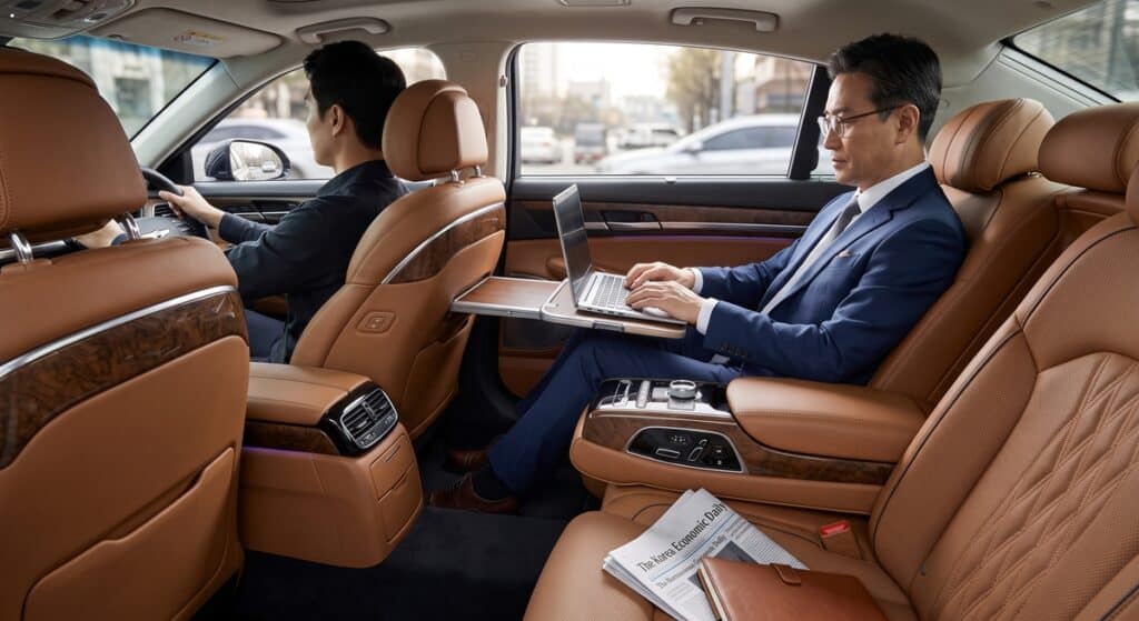 법인 기사 파견 관련 고급 세단 내부에서 업무를 처리하는 모습 (Executive working inside luxury vehicle cabin)