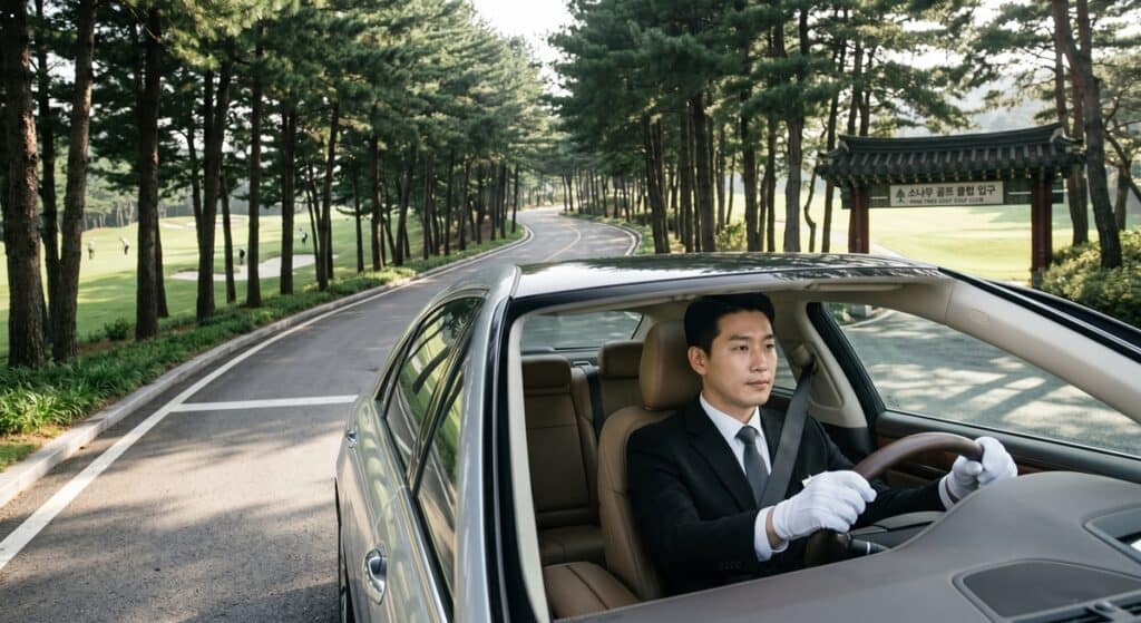 골프장 의전 대리운전 비용 관련 수목이 우거진 골프장 진입로를 부드럽게 주행 중인 베테랑 수행 기사의 모습