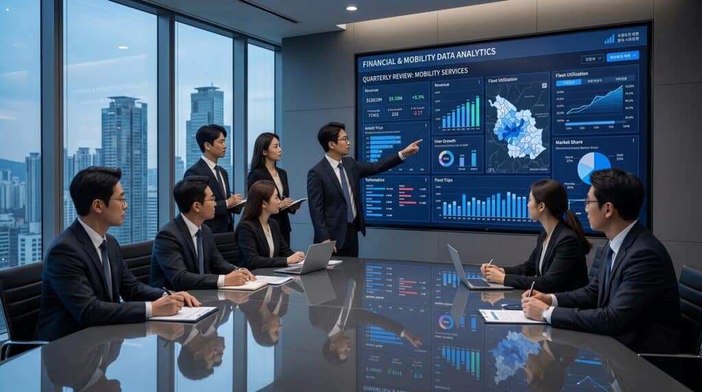 회의실에서 대형 스크린의 금융 및 모빌리티 데이터 분석 결과를 검토하는 임원진. Executives reviewing mobility data on a large screen in a meeting room.