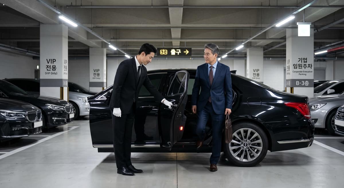 임원 전담 대리운전 관련 VIP 전용 주차장에서 도어 서비스를 제공하는 모습 (Chauffeur providing door service in a VIP parking lot)