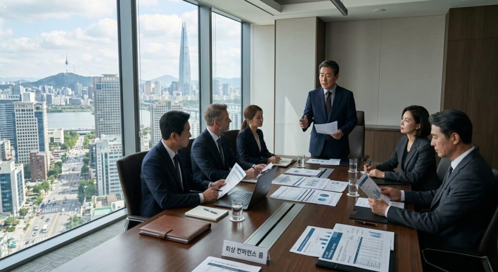 법인 대리운전 세금계산서 도입을 논의하는 대기업 경영진 회의