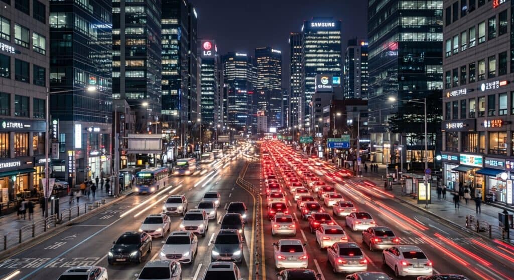 월 후불 대리운전 관련 화려한 조명과 차량으로 붐비는 강남 테헤란로 등 주요 업무 지구의 야간 교통 체증 모습 (Night traffic congestion in the major business district, filled with bright lights and vehicles)