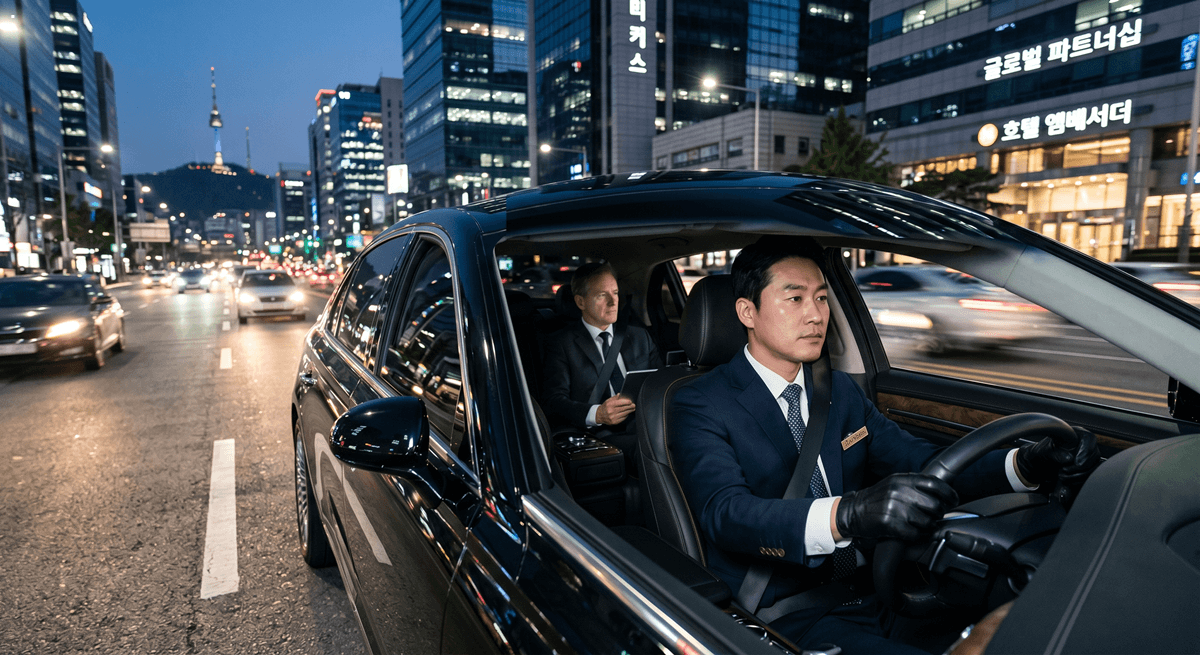 외국계 기업 VIP 의전 차량 관련 전문 기사가 안전하게 차량을 운행하는 모습 (An interior shot from the back seat of a luxury vehicle, showing a professional corporate driver with white gloves driving safely down a highway.)