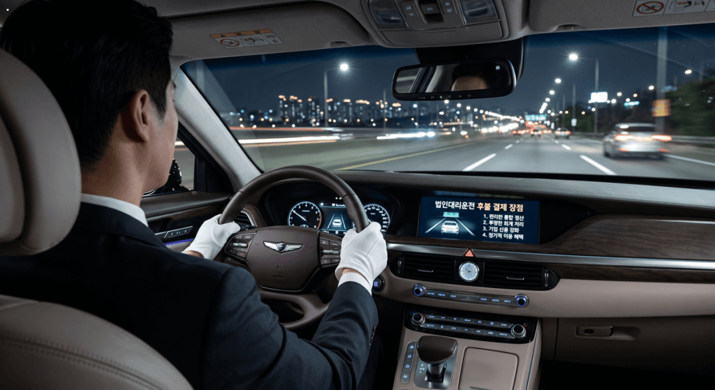 A view from the back seat of a luxury corporate vehicle at night. A chauffeur with white gloves is driving. The center navigation screen displays a list of 'Benefits of Corporate Chauffeur Post-payment': 1. Convenient Integrated Settlement, 2. Transparent Accounting, 3. Stronger Corporate Credit, 4. Regular Use Benefits.