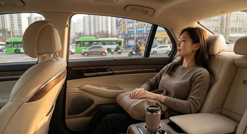 고급 세단 뒷좌석에서 창밖을 바라보며 휴식을 취하는 젊은 여성 임원. Female executive relaxing in the backseat of a luxury car, looking out the window.