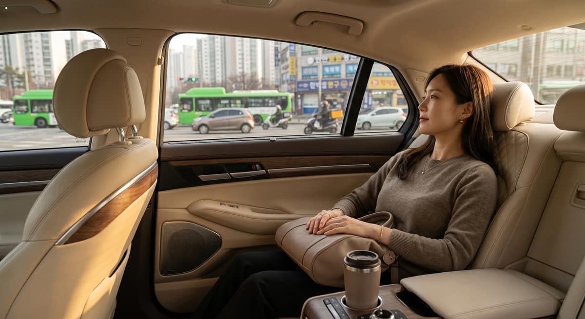 고급 세단 뒷좌석에서 창밖을 바라보며 휴식을 취하는 젊은 여성 임원. Female executive relaxing in the backseat of a luxury car, looking out the window.