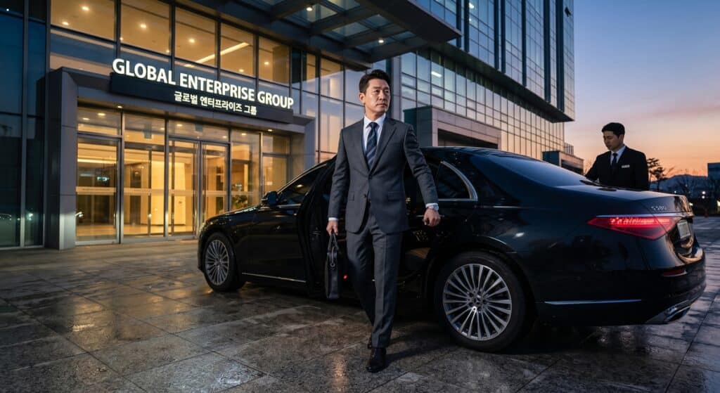 안전한 대리운전 앱 관련 기업 의사결정권자가 고급 세단에서 내려 대기업 사옥으로 향하며 프리미엄 의전을 받는 모습 (Corporate executive arriving at an enterprise building stepping out of a luxury sedan)