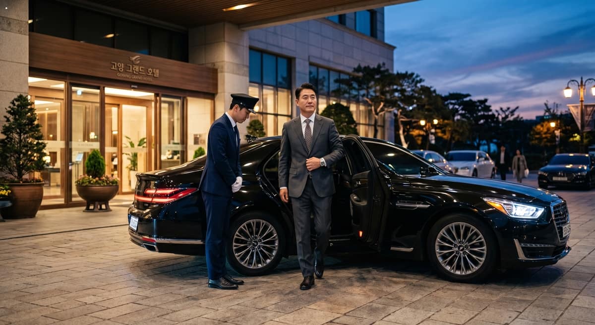 일일 수행기사 관련 비즈니스 일정을 마친 기업 대표가 저녁 시간대 고급 호텔에 안전하게 도착하여 전문 기사의 에스코트를 받으며 하차하는 모습 (Corporate CEO arriving safely at a luxury hotel with a daily chauffeur at dusk)