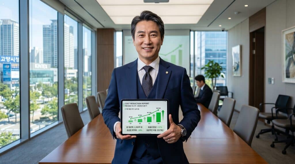 월 후불 대리운전 관련 기업의 최고경영자가 회의실에서 비용 절감 및 효율성 향상 지표가 담긴 태블릿 리포트를 들고 미소 짓는 모습 (Corporate CEO smiling while holding a tablet report with cost reduction and efficiency metrics in a boardroom)