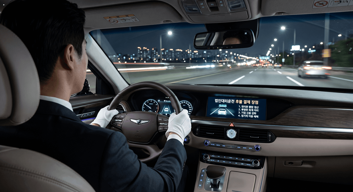 A view from the back seat of a luxury corporate vehicle at night. A chauffeur with white gloves is driving. The center navigation screen displays a list of 'Benefits of Corporate Chauffeur Post-payment': 1. Convenient Integrated Settlement, 2. Transparent Accounting, 3. Stronger Corporate Credit, 4. Regular Use Benefits.